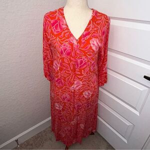 Natori Floral Print 1/4 Zipper Front Kimono Maxi Dress